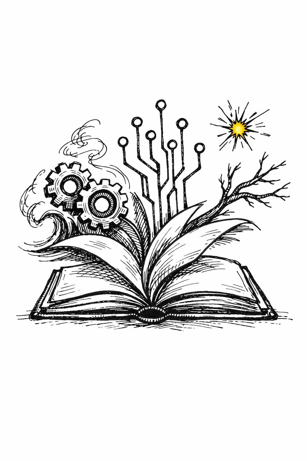 Hand-drawn illustration of an open book with gears, circuit traces, a tree branch, and a spark rising from its pages, representing experience and judgment built over time