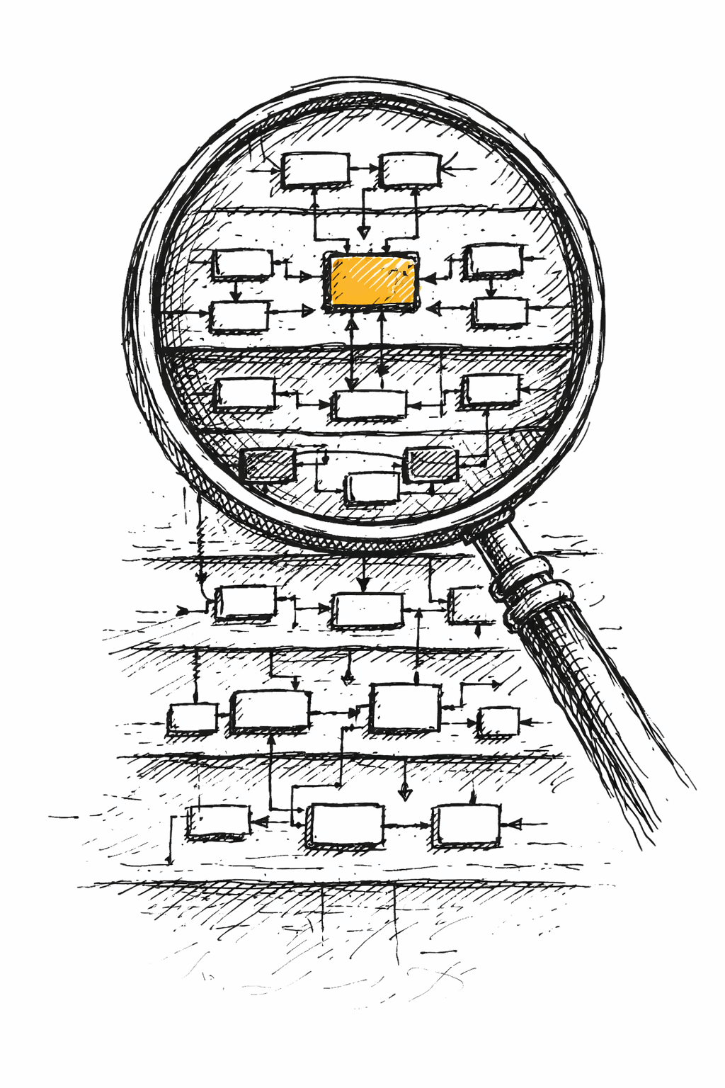 Hand-drawn illustration of a magnifying glass examining a layered architecture diagram