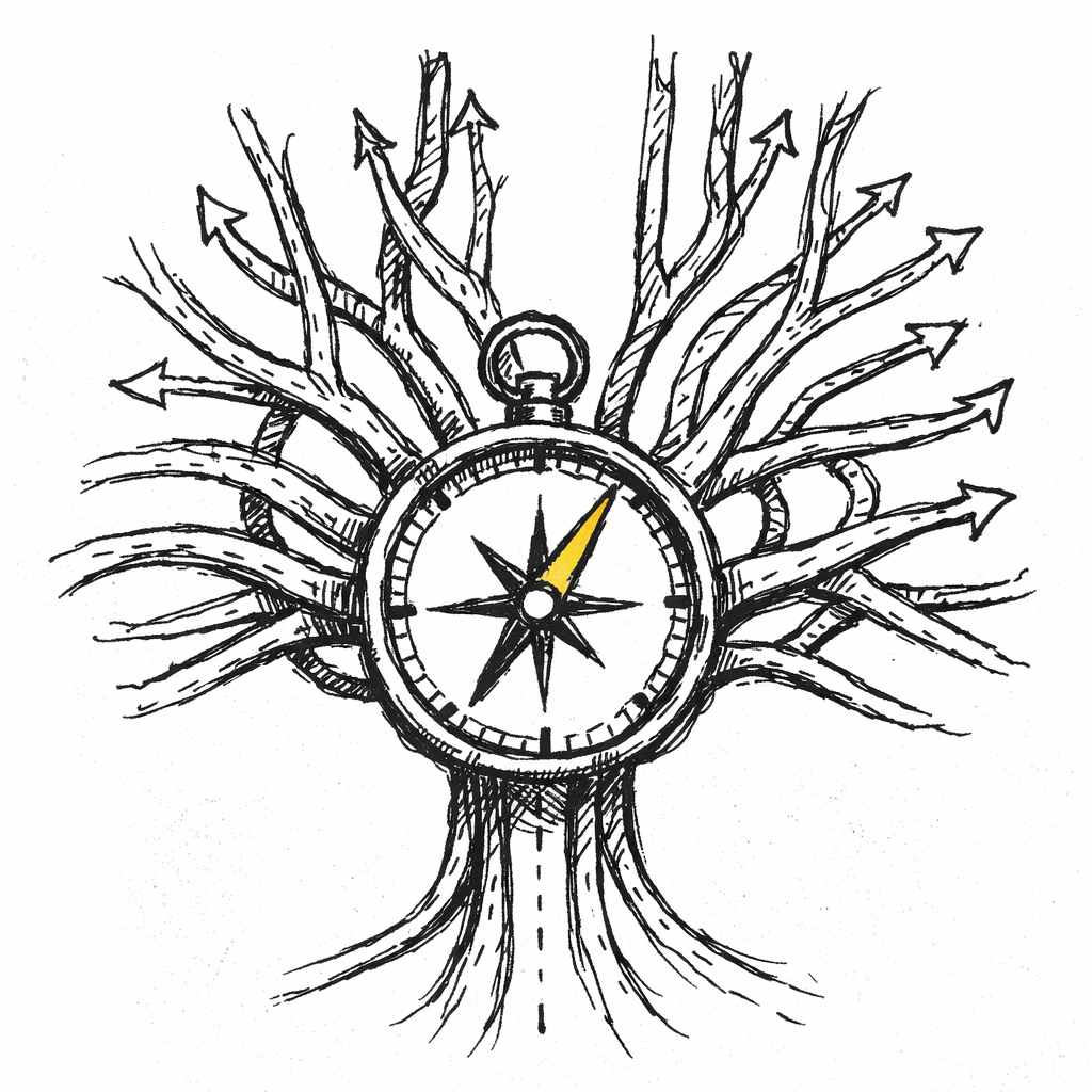 Hand-drawn compass at the centre of branching paths, representing technical direction and roadmap choices